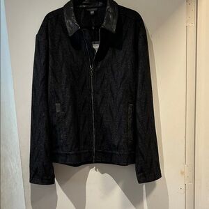 John Varvatos Black Zip Bomber Jacket with Leather Collar